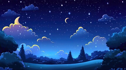 Wall Mural - A crescent moon shines in a dark blue sky with white stars and clouds over a green forest.