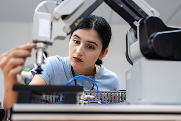 Wall Mural - hispanic engineer woman working on ai technology in robotics electronics engineering laboratory. uni