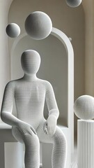 Wall Mural - a white wireframe model sits in a room with arched doorways and white spheres floating above