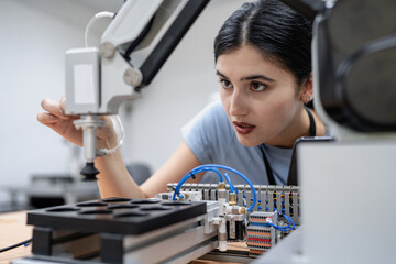 hispanic engineer woman working on ai technology in robotics electronics engineering laboratory. uni