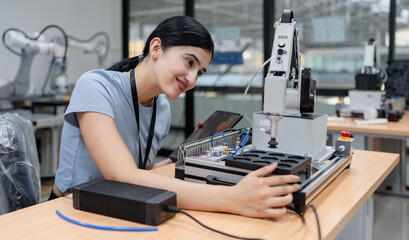 Wall Mural - hispanic engineer woman working on ai technology in robotics electronics engineering laboratory. uni