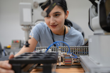 Wall Mural - hispanic engineer woman working on ai technology in robotics electronics engineering laboratory. uni