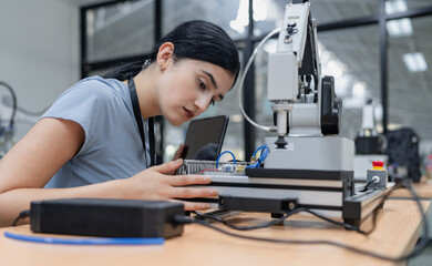 Wall Mural - hispanic engineer woman working on ai technology in robotics electronics engineering laboratory. uni
