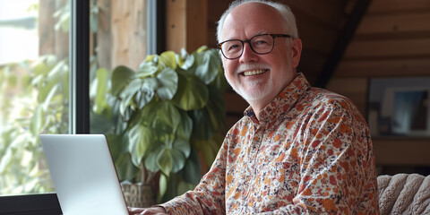 Smiling senior man using computer at home. Remote working, learning or online communication concept.