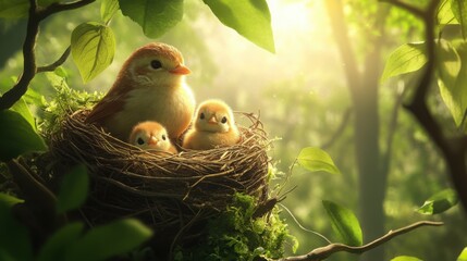 Wall Mural - a bird with two baby chicks peeking out from a nest, sunlight filtering through leaves in the background