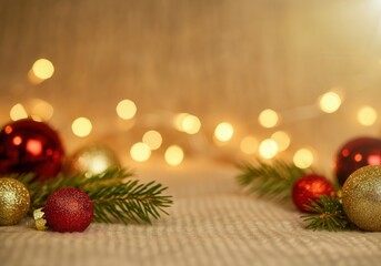 Wall Mural - red and gold christmas ornaments lie on a soft surface with fir branches and glowing string lights p