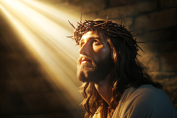 Jesus Christ is illuminated by a single beam of light from above, highlighting His serene face and the crown of thorns resting on His head
