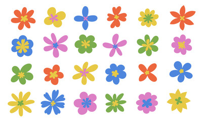 Wall Mural - groovy set of simple drawn flowers. hippie stickers. modern abstract multicolor flower. vintage deco