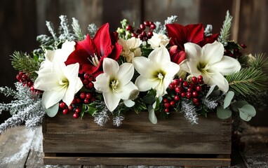 Wall Mural - A rustic winter centerpiece with white and red amaryllis, frosted pine branches, and holly berries in a wooden crate