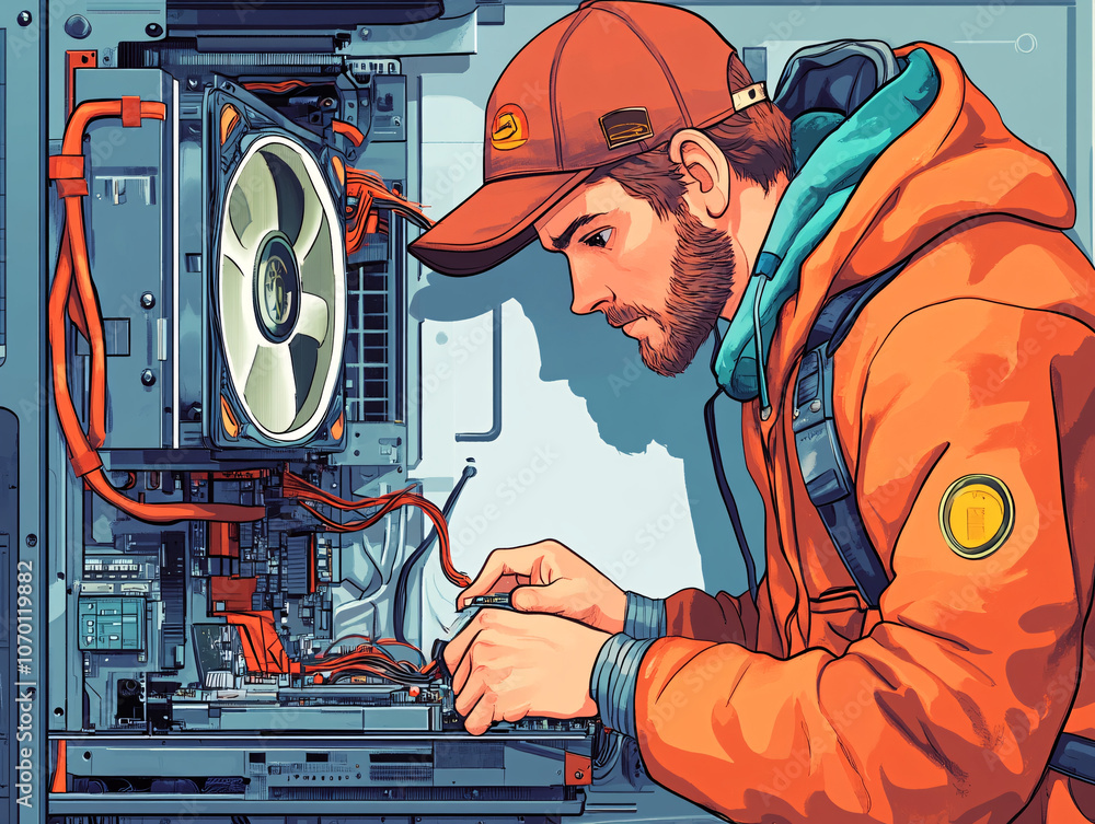 Comic-Style Animated Scene of a Computer Geek Assembling a PC ...