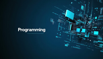 Abstract digital matrix with blue squares and programming text on a dark background, representing technology and innovation.