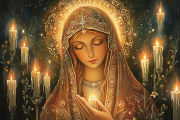 photo of an icon of the Mother of God in a traditional style, with candles and reverent decoration.