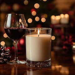 A cozy scene featuring a glass of red wine next to a lit candle, with a festive background illuminated by soft lights.