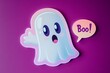 © Azhorov - A cute cartoon ghost with big eyes saying 'Boo!' against a vibrant purple background for Halloween decoration. Generative AI