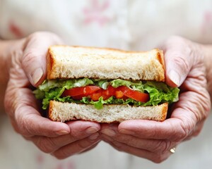 Arthritic Hands of Elderly Female Holding Sandwich: Close-up on Senior's Arthritic Hands & Food