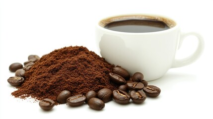 Canvas Print - White coffee mug with ground coffee beans, placed on a white background for a clean and inviting coffee scene.