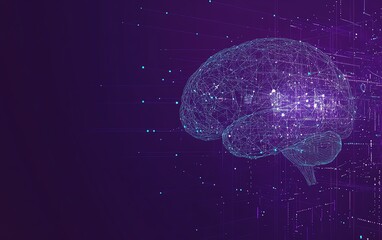 A purple background featuring a brain silhouette made of blue and white lines, with dots connecting the lines, representing the interconnected network of artificial intelligence