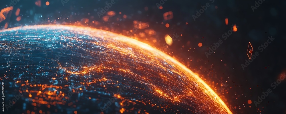 Glowing digital globe with flowing data connections and floating images ...