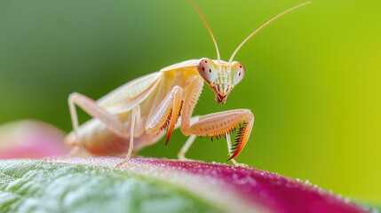 A close-up of a praying mantis perched on a green leaf with its front legs raised in a defensive position.