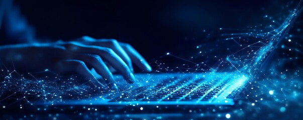 Aufkleber - A person typing on their laptop, with digital connections and data flowing from the screen towards them in dark blue tones, symbolizing technology and innovation