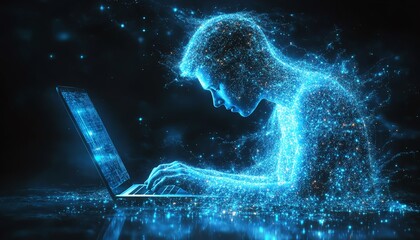 Aufkleber - A person using a laptop, with digital data flowing towards them in dark blue tones, connecting the screen with flowing lines to represent digital communication and innovation