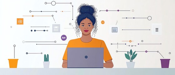 Leinwandbilder - Business professional using a laptop, surrounded by AI technologypowered digital connections and data visualizations, reflecting how AI enhances productivity in daily work