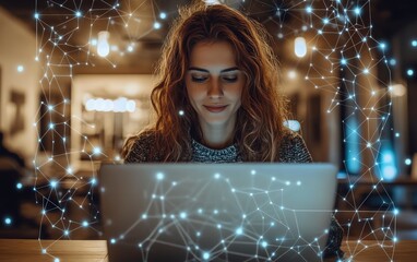 Fototapete - Business professional working on a laptop in an office, surrounded by data visualizations and digital connections, representing the impact of AI technology on daily tasks