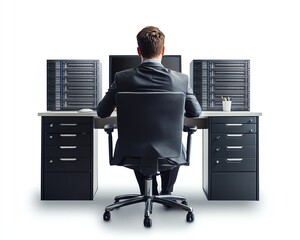 Aufkleber - Businessman sitting at a desk with a computer, large server racks, and cloud storage, on a white background with ample copy space for web design purposes