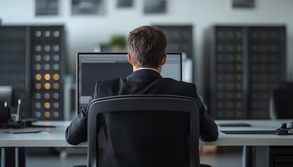 Aufkleber - Businessman sitting at a desk with a computer, large server racks, and cloud storage, on a white background with ample copy space for web design purposes