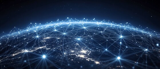 Poster - Dark blue background with white futuristic digital connections and technology lines, depicting the interconnected world of digital innovation and cuttingedge technology