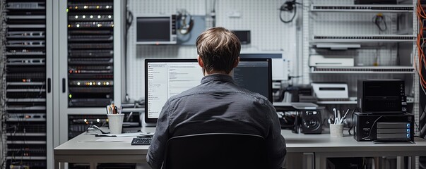 Leinwandbilder - Man at his desk, working on a computer surrounded by server racks and cloud storage, set against a white background, with clean copy space for modern website design