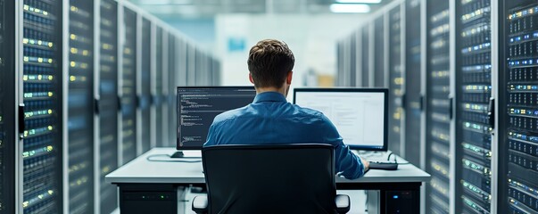 Leinwandbilder - Man at his desk, working on a computer surrounded by server racks and cloud storage, set against a white background, with clean copy space for modern website design