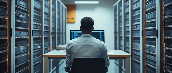 Aufkleber - Man sitting at a desk with a computer, surrounded by server racks and cloud storage, on a clean white background, providing a modern look for website design with copy space