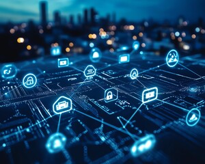 Aufkleber - White digital connections and futuristic technology elements against a dark blue background, showcasing a modern tech landscape and digital integration