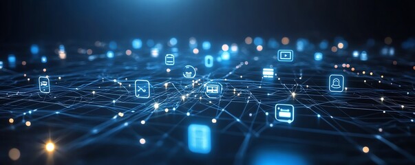 Fototapete - White digital connections and futuristic technology elements against a dark blue background, showcasing a modern tech landscape and digital integration