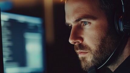 Close-up of a focused programmer with headphones working late at night.