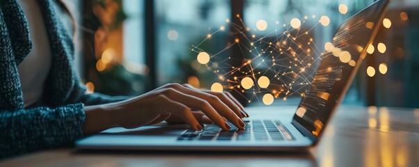 Leinwandbilder - A business professional typing on a laptop in a modern office