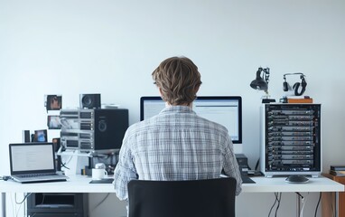 Aufkleber - A man sitting at his desk with a computer, cloud storage, and server racks, surrounded by a white background with plenty of copy space for web design