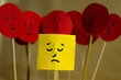 © Answer 7 - Close up of yellow paper with sad face surrounded by angry faces, concept of social rejection and discrimination