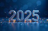 Happy new year 2025 with silver metallic numbers on dark background.