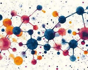 Poster - Vibrant and colorful abstract geometric patterns combined with molecular structures on a white background, conveying creativity and modern design