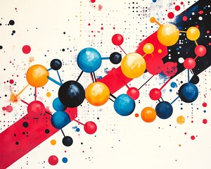 Poster - Vibrant molecular structures and abstract geometric patterns on a white background, showcasing creativity and the beauty of modern abstract art