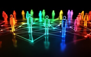 Poster - A dynamic network of digital figures, each symbolizing different people or groups, connected in the virtual space, showcasing digital communication