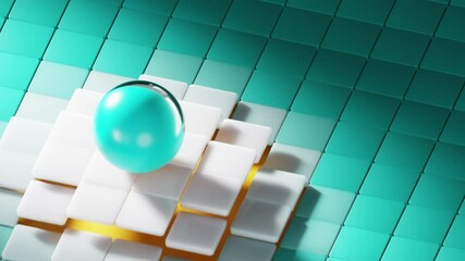 Wall Mural - abstract colorful motion graphic, infinite rolling glass sphere on floating square platforms, 4k sea