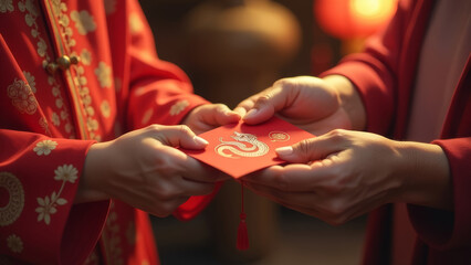 Hands exchanging a red Hong Bao gift envelope during Chinese New Year celebrations, symbolizing good fortune and prosperity. Generative AI