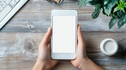 Hand holding a white cell phone with a blank screen on a desk in an office. Empty background space for advertisement, work, people, contact, marketing, and technology.