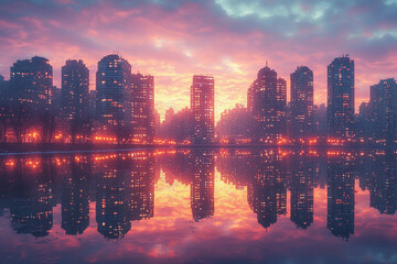 Wall Mural - City skyline reflecting on water during vibrant sunset