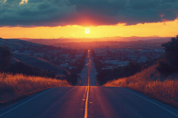 Wall Mural - Sunset over a winding road with a view of the valley below