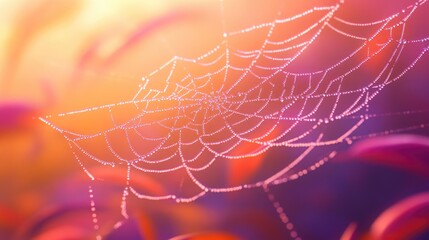 Close up of a spectacular woven spider web glistening with morning dew showcasing intricate natural patterns
