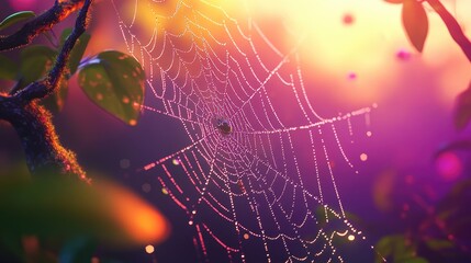 Close up of a spectacular woven spider web glistening with morning dew showcasing intricate natural patterns
